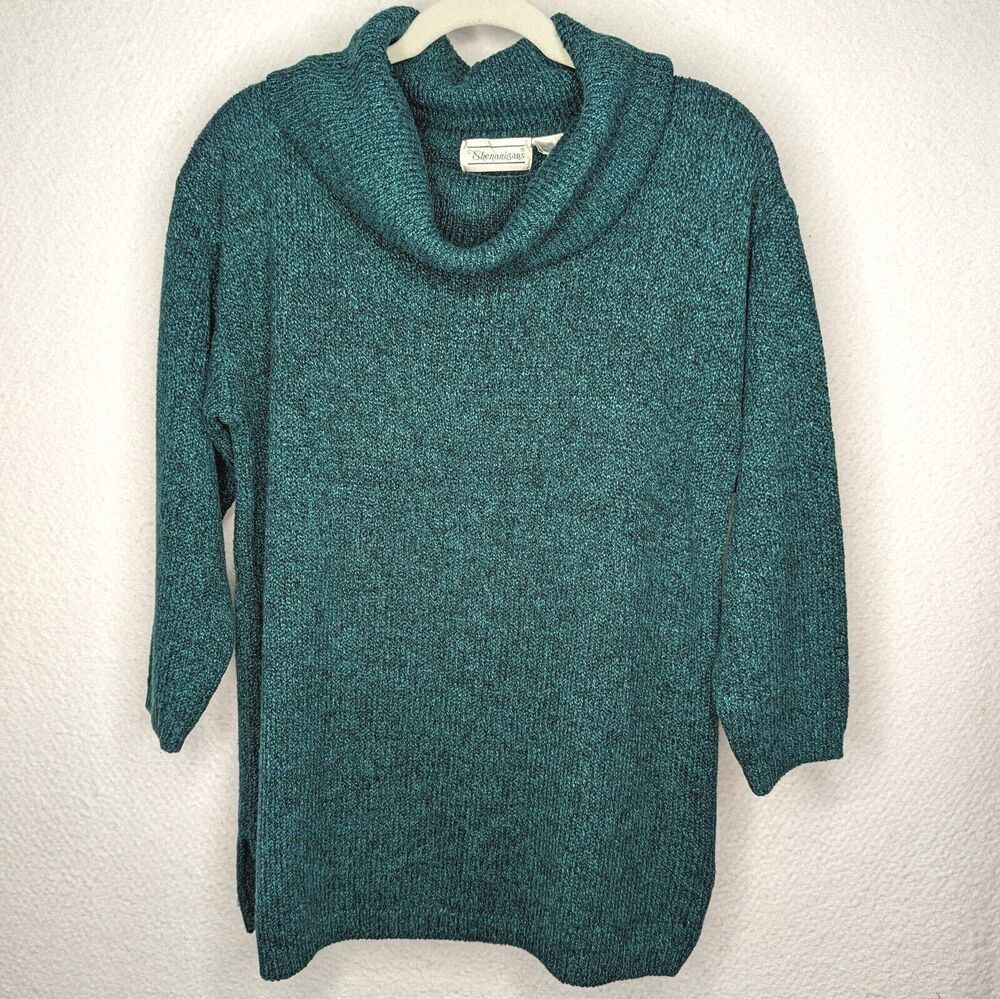 Vtg Shenanigans Womens Sz Med Cowl Neck Long Sweater Heather Green 3/4 Sleeves